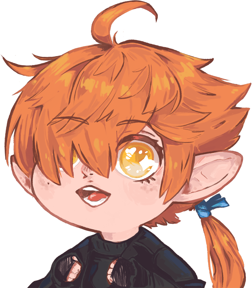Drawing of Kiggle Pin, a cute, round and squishy Lalafell with big glistening yellow eyes and fluffy hair, looking excited.